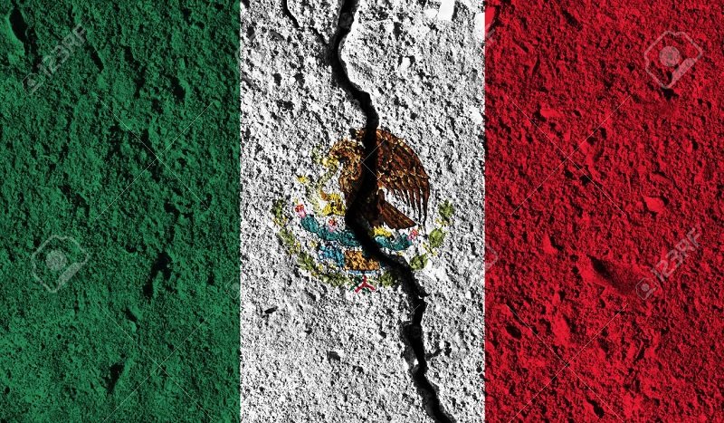Mexico flag with crack through the middle. Country divided conce