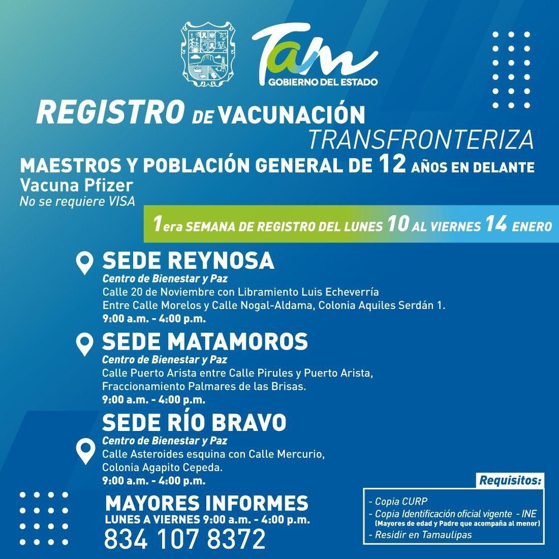 SBS-001-2022.-Maestros y tamaulipecos de 12 años en adelante podrán recibir la vacuna Anti Covid gestionadas por el Gobernador en E.U.